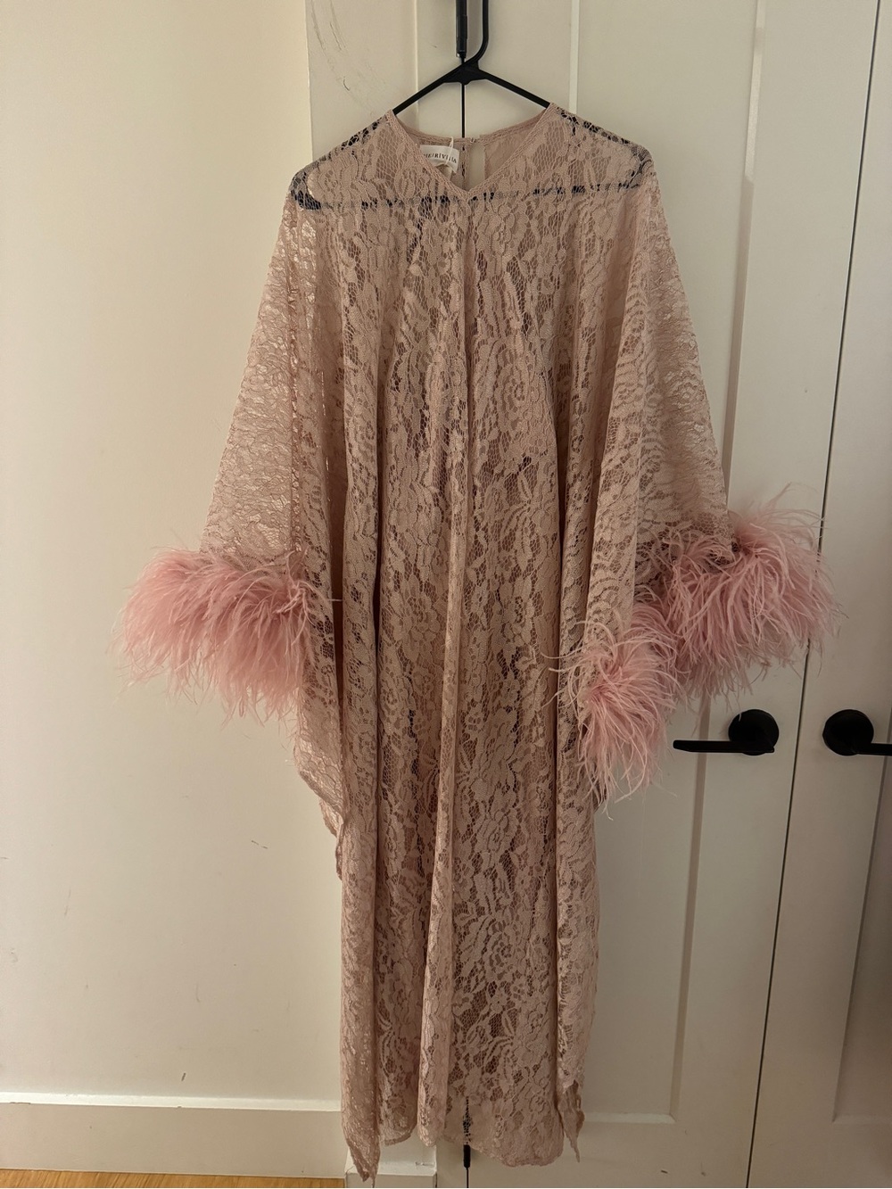 Women's Blush Lace Feather-Trim Duster Caftan - Bridal, Getting Ready